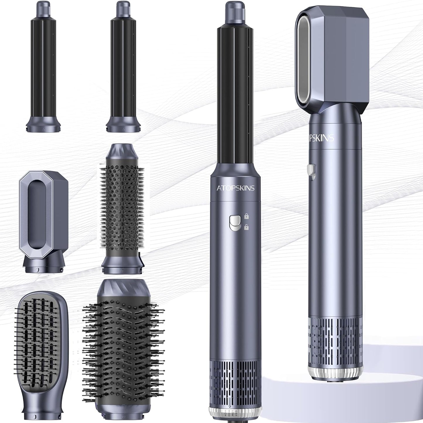 Atopskins Pro Air styler 6 in 1 Airbrush Haarstyler Hair Styler mit Rundbürste, Warmluftbürste, Föhnbürste, Haartrockner, Air Culer, Hairstyler Airstyler für Alle Haartypen, Trocknen, Glätten, Locken