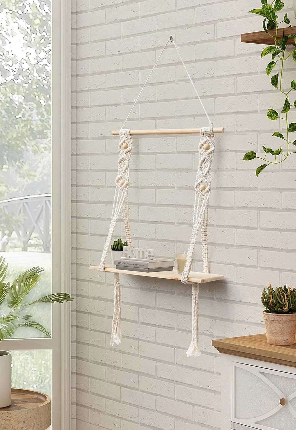 Afuly Makramee-Wandregal, handgefertigt, Wandregal, 1 Etage, niedliches Boho-Dekor für Badezimmer und Schlafzimmer