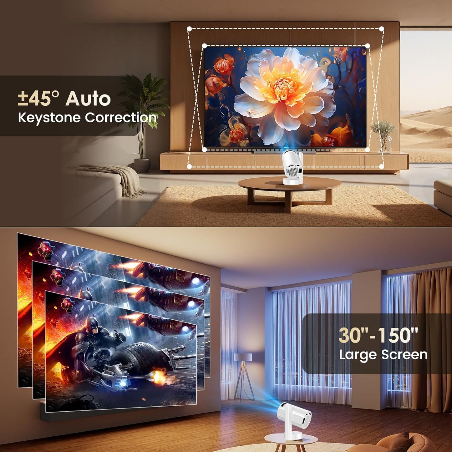 Mini Beamer Unterstützt FHD 4K 1080P, Projektor Tragbarer mit WiFi 6 und Bluetooth 5.4 Beamer Klein Kurzer Fokus 270° Drehen Auto Keystone Android 13.0 Kompatibel mit HDMI/TV Stick/Laptop/Memory Stick