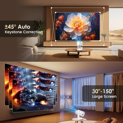 Mini Beamer Unterstützt FHD 4K 1080P, Projektor Tragbarer mit WiFi 6 und Bluetooth 5.4 Beamer Klein Kurzer Fokus 270° Drehen Auto Keystone Android 13.0 Kompatibel mit HDMI/TV Stick/Laptop/Memory Stick