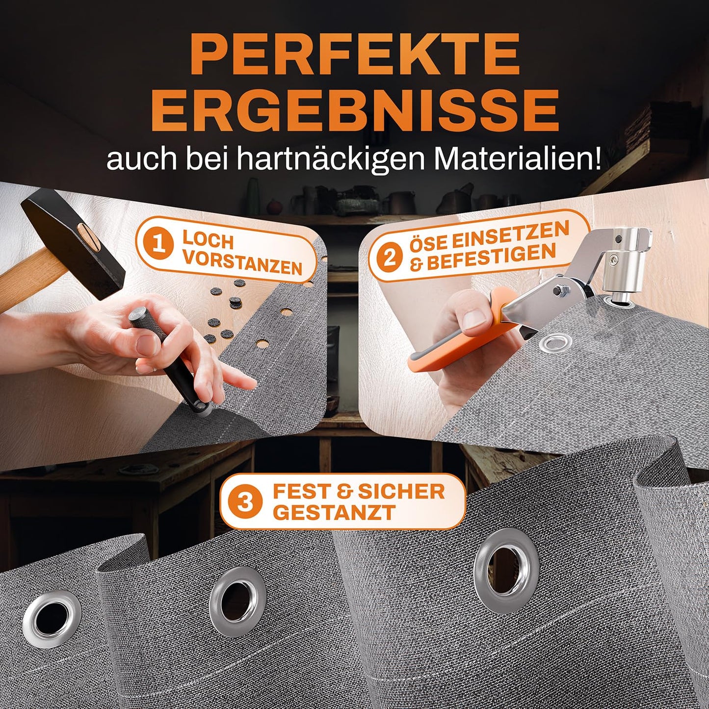 CRAFTUS® Profi Ösenzange Set mit 200 rostfreien Ösen (Ø 10mm) I Magnetische Ösenpresse aus gehärtetem Stahl für Stoffe & Planen I Ösenstanze für Planenösen & Metallösen
