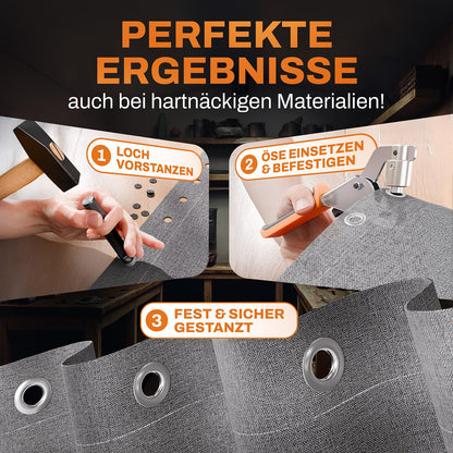 CRAFTUS® Profi Ösenzange Set mit 200 rostfreien Ösen (Ø 10mm) I Magnetische Ösenpresse aus gehärtetem Stahl für Stoffe & Planen I Ösenstanze für Planenösen & Metallösen