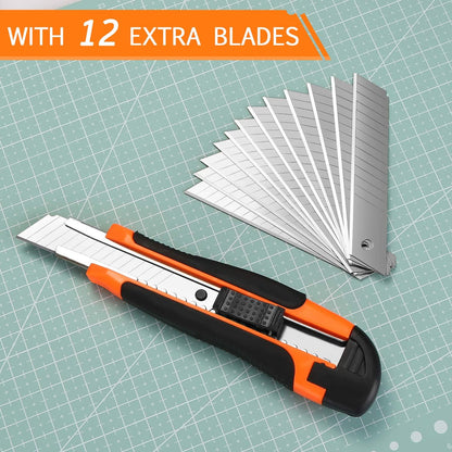 AGPtek 12 Teppichklingen Kartonschneider Cuttermesser mit 12 zusätzlichen Ersatzklingen, 18 mm ausziehbare Kartonklinge, perfekt zum Schneiden auf Papier, Klebeband, Pappe, Coupons und Stoffen