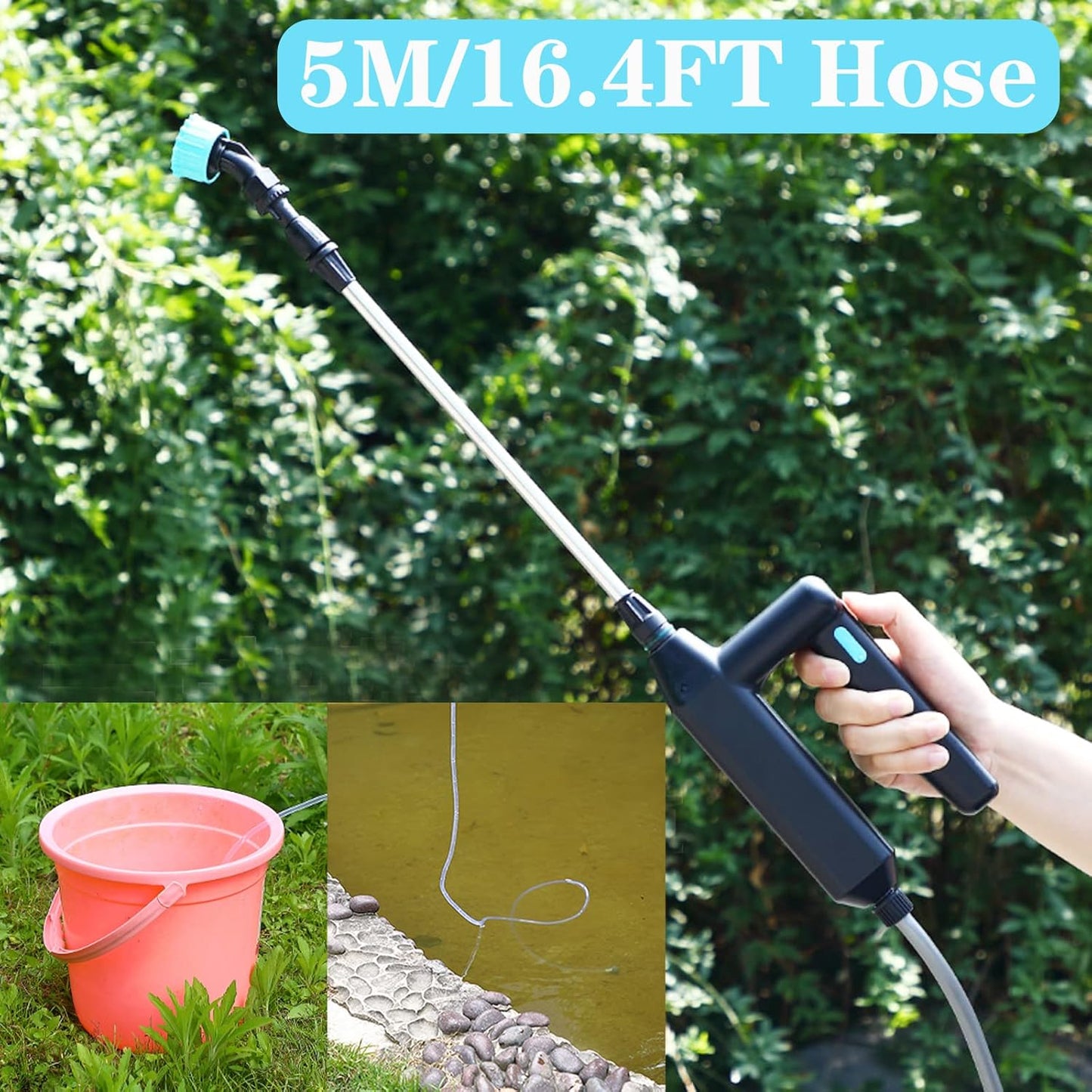 DOUBFIVSY Drucksprüher Elektrisch, Pflanzensprüher, Gartensprüher Sprühlanze mit 3 Düsen und 5m Schlauch, Wiederaufladbar USB, Sprühgerät für Pflanzenschutz zum Unkraut jäten im Garten (7,2V Sprühlanze)