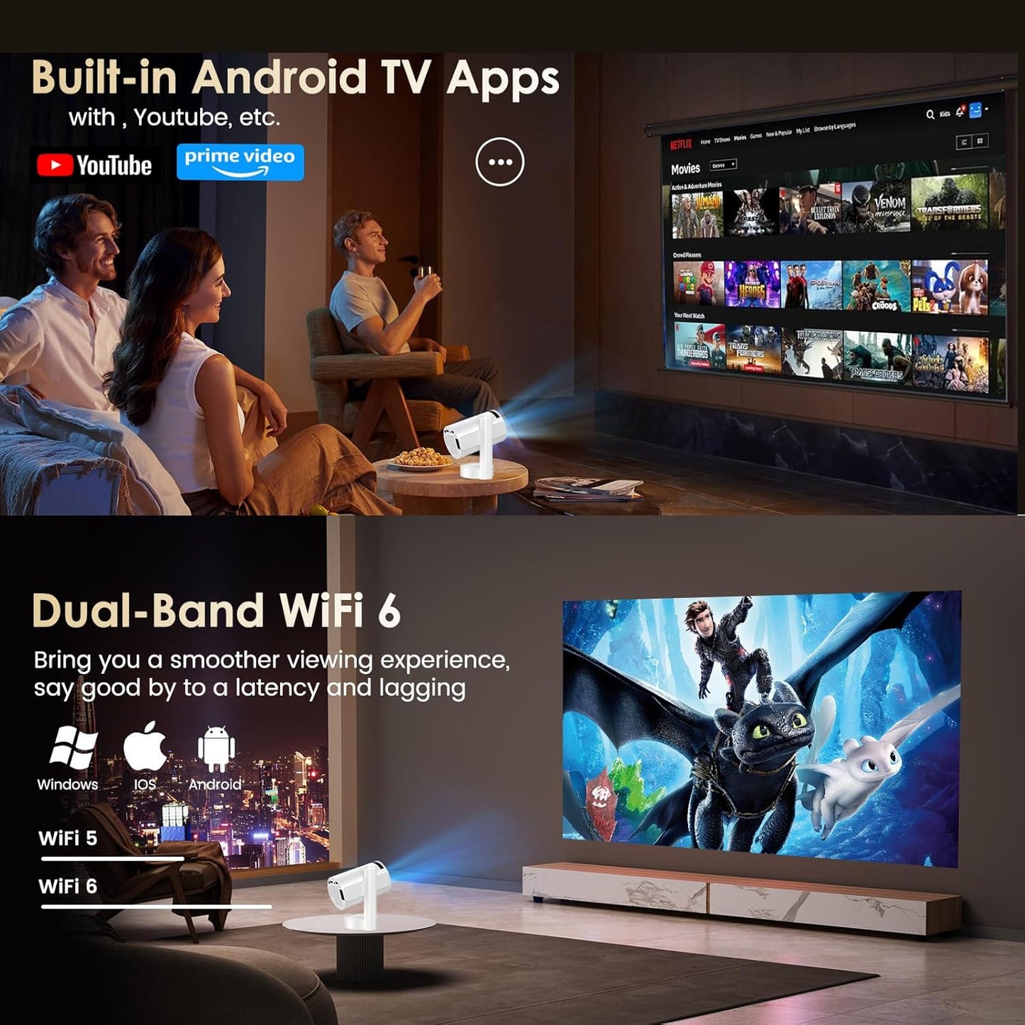 Mini Beamer Unterstützt FHD 4K 1080P, Projektor Tragbarer mit WiFi 6 und Bluetooth 5.4 Beamer Klein Kurzer Fokus 270° Drehen Auto Keystone Android 13.0 Kompatibel mit HDMI/TV Stick/Laptop/Memory Stick