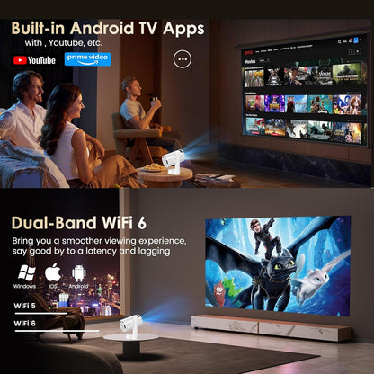 Mini Beamer Unterstützt FHD 4K 1080P, Projektor Tragbarer mit WiFi 6 und Bluetooth 5.4 Beamer Klein Kurzer Fokus 270° Drehen Auto Keystone Android 13.0 Kompatibel mit HDMI/TV Stick/Laptop/Memory Stick