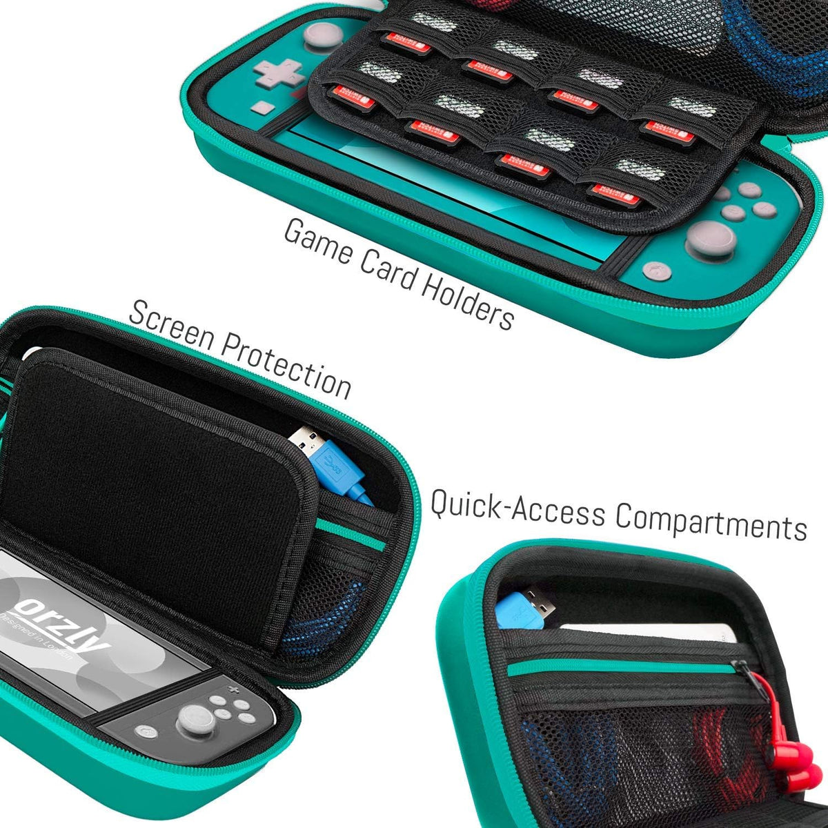 Orzly Hülle für Nintendo Switch Lite, Deluxe-Festtasche mit Reißverschluss aus robustem, stoßfestem Material für Nintendo Switch Lite-Konsole und Zubehör – Türkisblau
