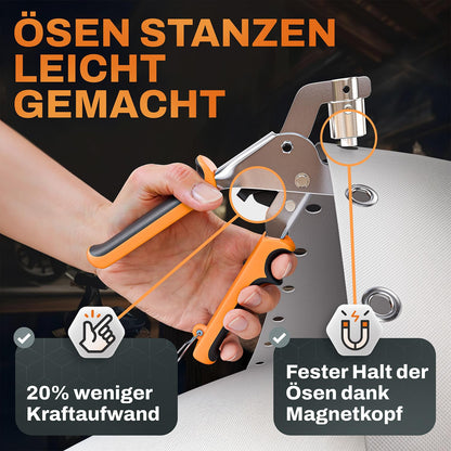 CRAFTUS® Profi Ösenzange Set mit 200 rostfreien Ösen (Ø 10mm) I Magnetische Ösenpresse aus gehärtetem Stahl für Stoffe & Planen I Ösenstanze für Planenösen & Metallösen