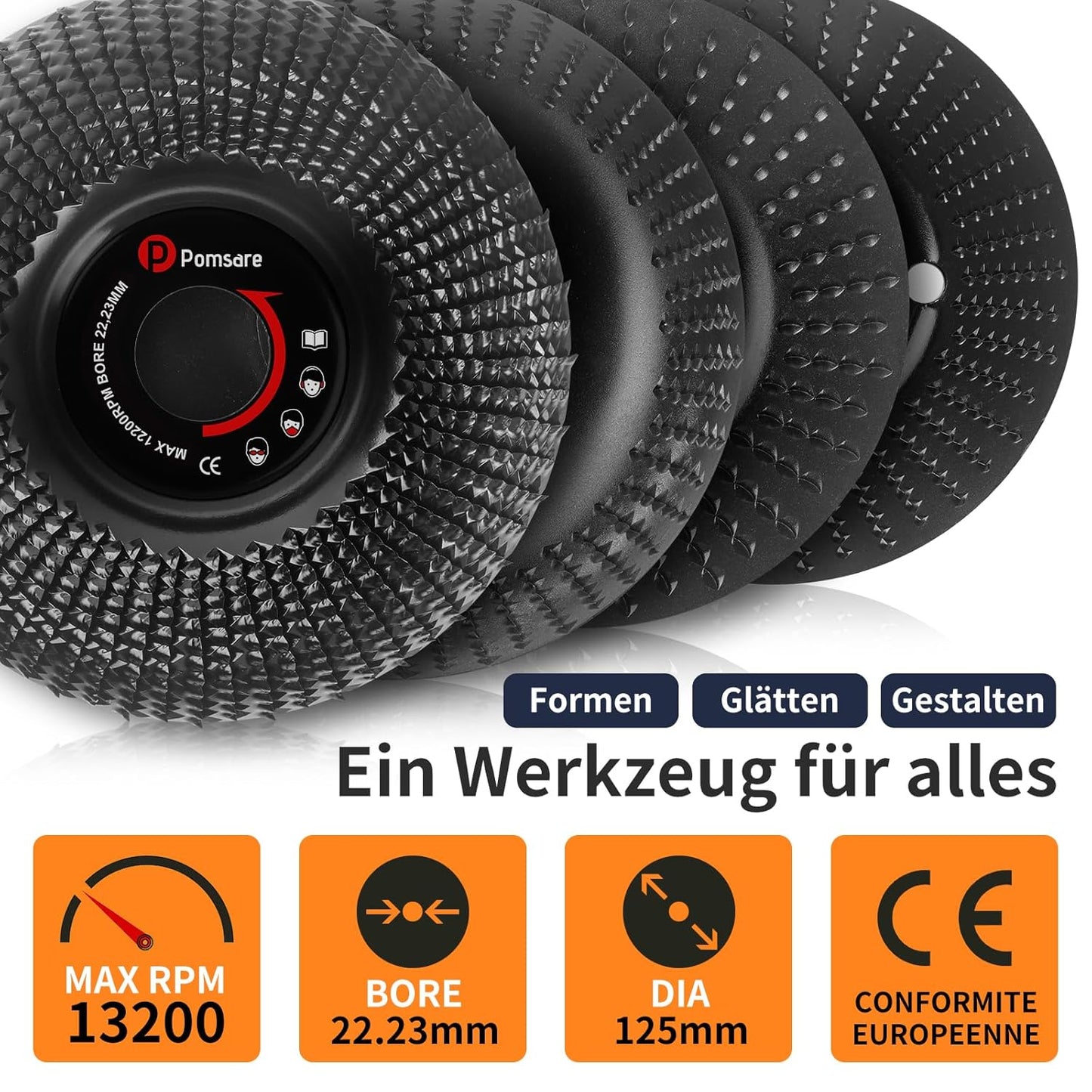 Pomsare Holz Schleifscheiben 125mm für Winkelschleifer - Raspelscheibe, Holzschnitzscheibe Frässcheibe, Flexscheibe, Baumstumpffräse, Wurzelfräse, Lackfräse - 4 Stück Winkelschleifer Zubehör