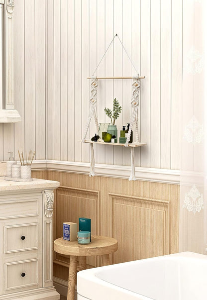 Afuly Makramee-Wandregal, handgefertigt, Wandregal, 1 Etage, niedliches Boho-Dekor für Badezimmer und Schlafzimmer