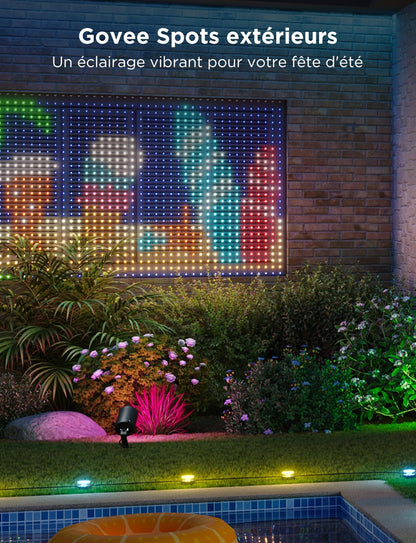 Projecteurs extérieurs LED Govee, décoration de Noël, étanche IP65, éclairage paysager pour l'extérieur, éclairages intelligents Wi-Fi, fonctionne avec Alexa, couleur RGBIC pour jardin, cour, lot de 2 [Classe énergétique G]