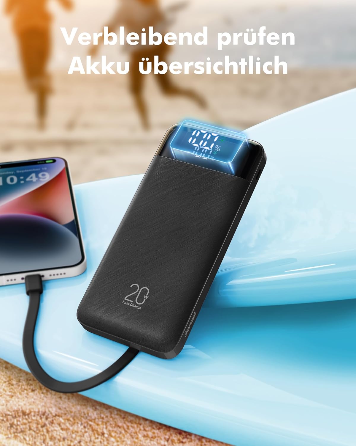 Charmast Power Bank, 22,5W Powerbank 20000mAh mit Kabel USB C und LED-Display, PD3.0 QC4.0 Externe Handyakkus mit 6 Ausgängen Kompatibel mit iPhone 16 15 14 13 12 11 Pro Max Plus Samsung Huawei Tablet