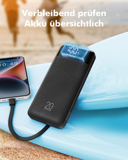 Charmast Power Bank, 22,5W Powerbank 20000mAh mit Kabel USB C und LED-Display, PD3.0 QC4.0 Externe Handyakkus mit 6 Ausgängen Kompatibel mit iPhone 16 15 14 13 12 11 Pro Max Plus Samsung Huawei Tablet