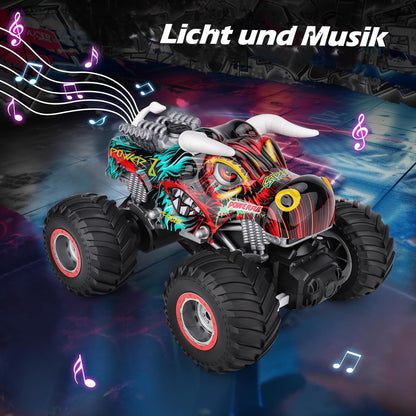PREBOX Ferngesteuerter Monstertruck für Jungen 8-12 – RC-Bullauto-Spielzeug für Kinder im Alter von 4–7 Jahren, Geburtstagsgeschenke für Jungen mit Musik und Lichtern