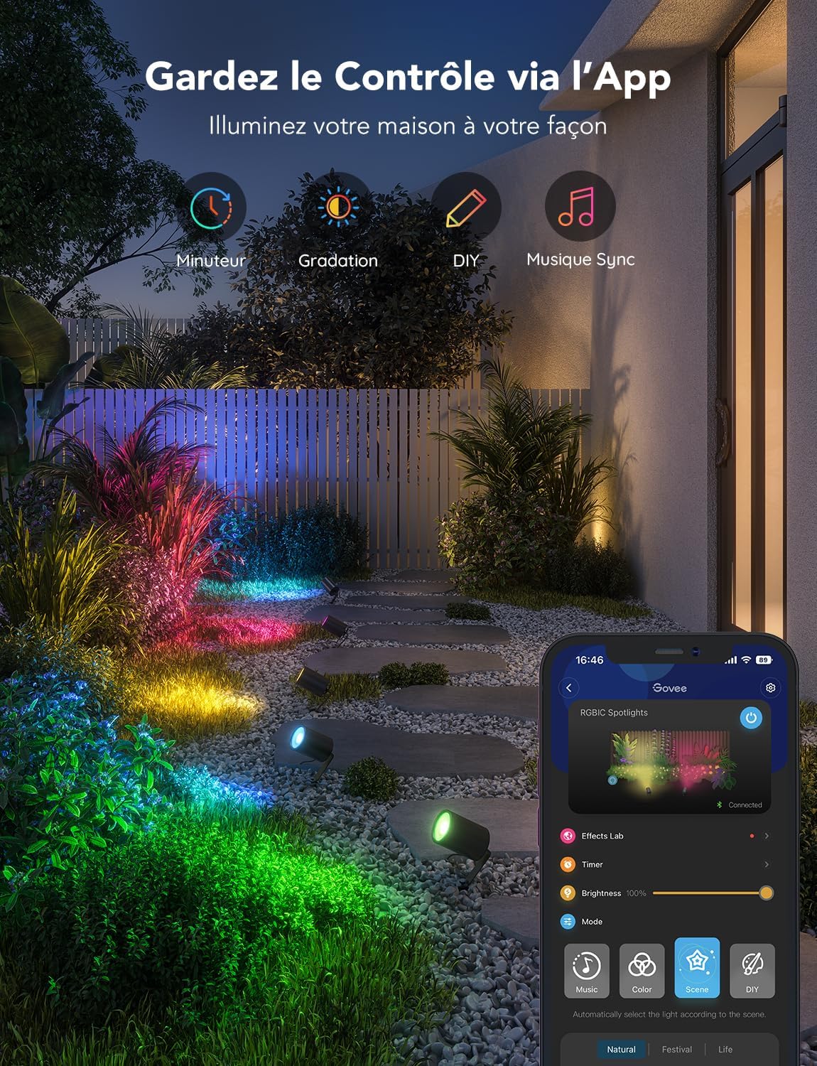 Projecteurs extérieurs LED Govee, décoration de Noël, étanche IP65, éclairage paysager pour l'extérieur, éclairages intelligents Wi-Fi, fonctionne avec Alexa, couleur RGBIC pour jardin, cour, lot de 2 [Classe énergétique G]