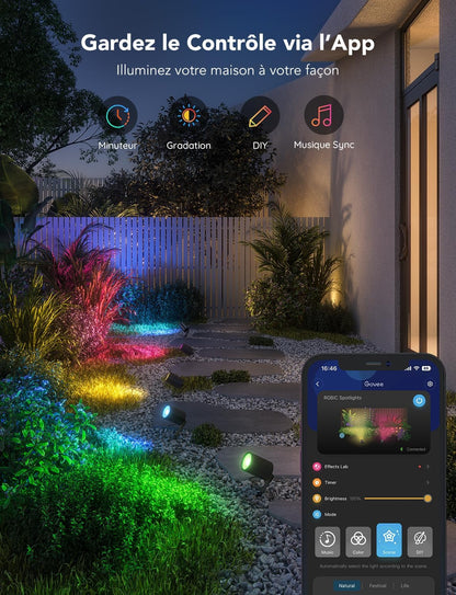 Projecteurs extérieurs LED Govee, décoration de Noël, étanche IP65, éclairage paysager pour l'extérieur, éclairages intelligents Wi-Fi, fonctionne avec Alexa, couleur RGBIC pour jardin, cour, lot de 2 [Classe énergétique G]
