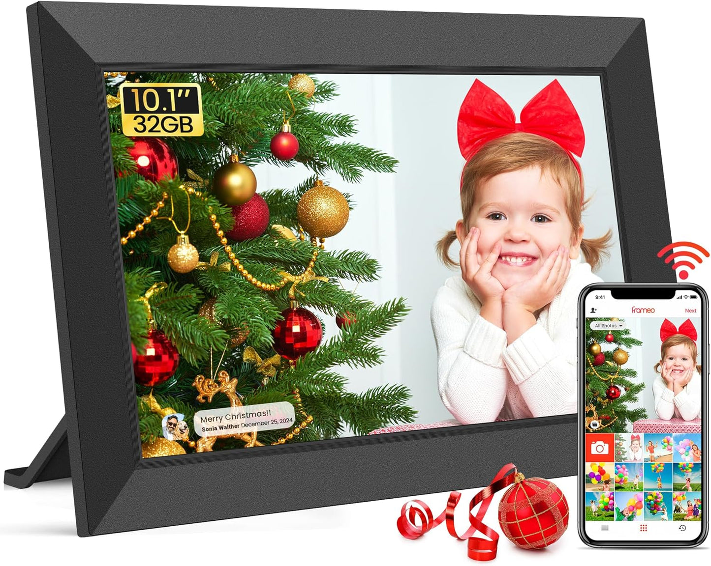 WONNIE Frameo WLAN Digitaler Bilderrahmen 10,1 Zoll, HD 1280 * 800 IPS Touchscreen Elektronischer FotoRahmen mit 32GB Speicher, Auto Drehung, Einfache Weitergabe von Fotos Videos über Frameo App