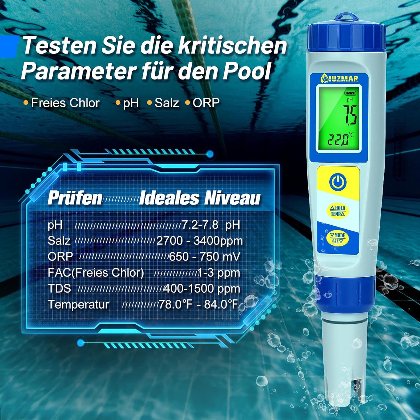 UIUZMAR Digitales pH und Chlor Messgerät, Pool Wassertester für Whirlpool, pH und Salzgehalt Messgerat für Schwimmbäder, 7 in 1 pH Salz Chlor ORP EC TDS Temperatur Tester für Hydrokultur Aquarien