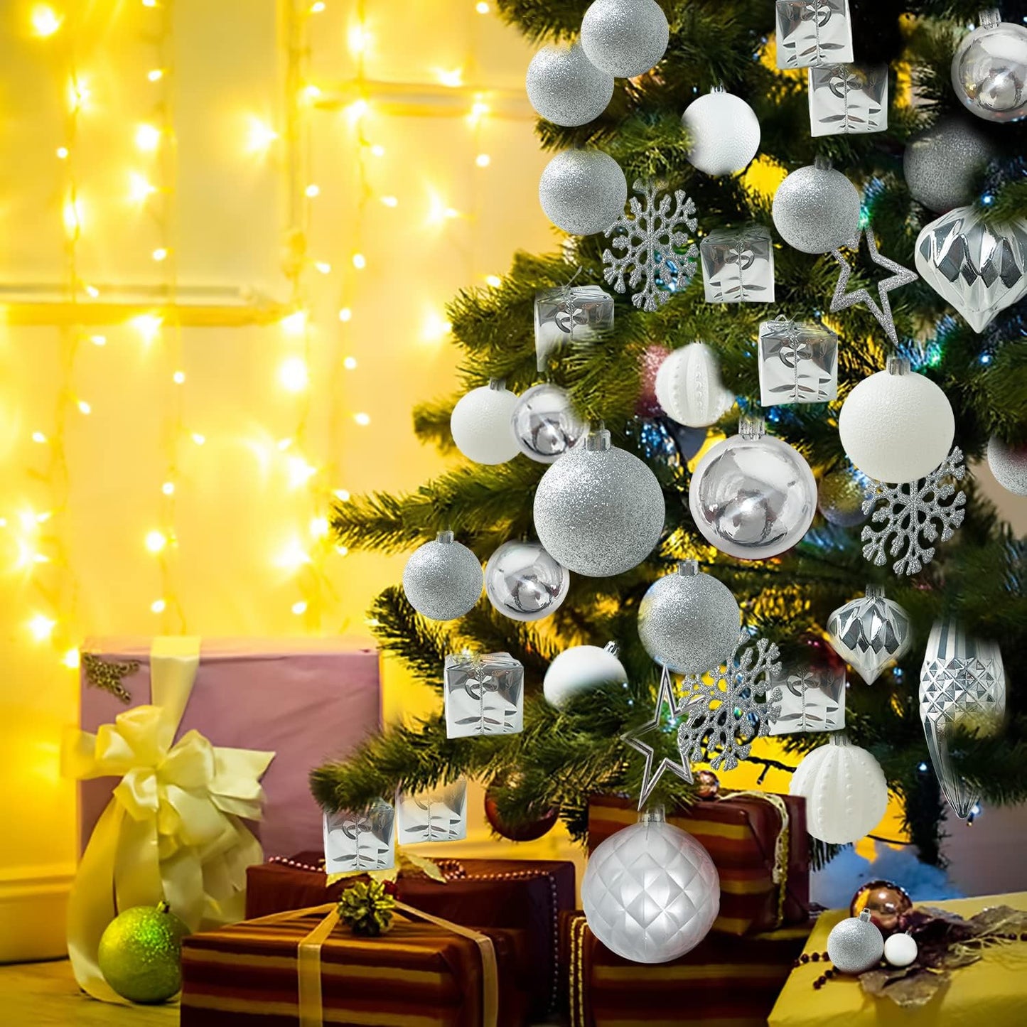 Amidian Weihnachtsschmuck, 100-teiliges Weihnachtskugel-Ornament-Set für Festivals, Partys, Aktivitäten im Innen- und Außenbereich (Silber + Weiß, 100)