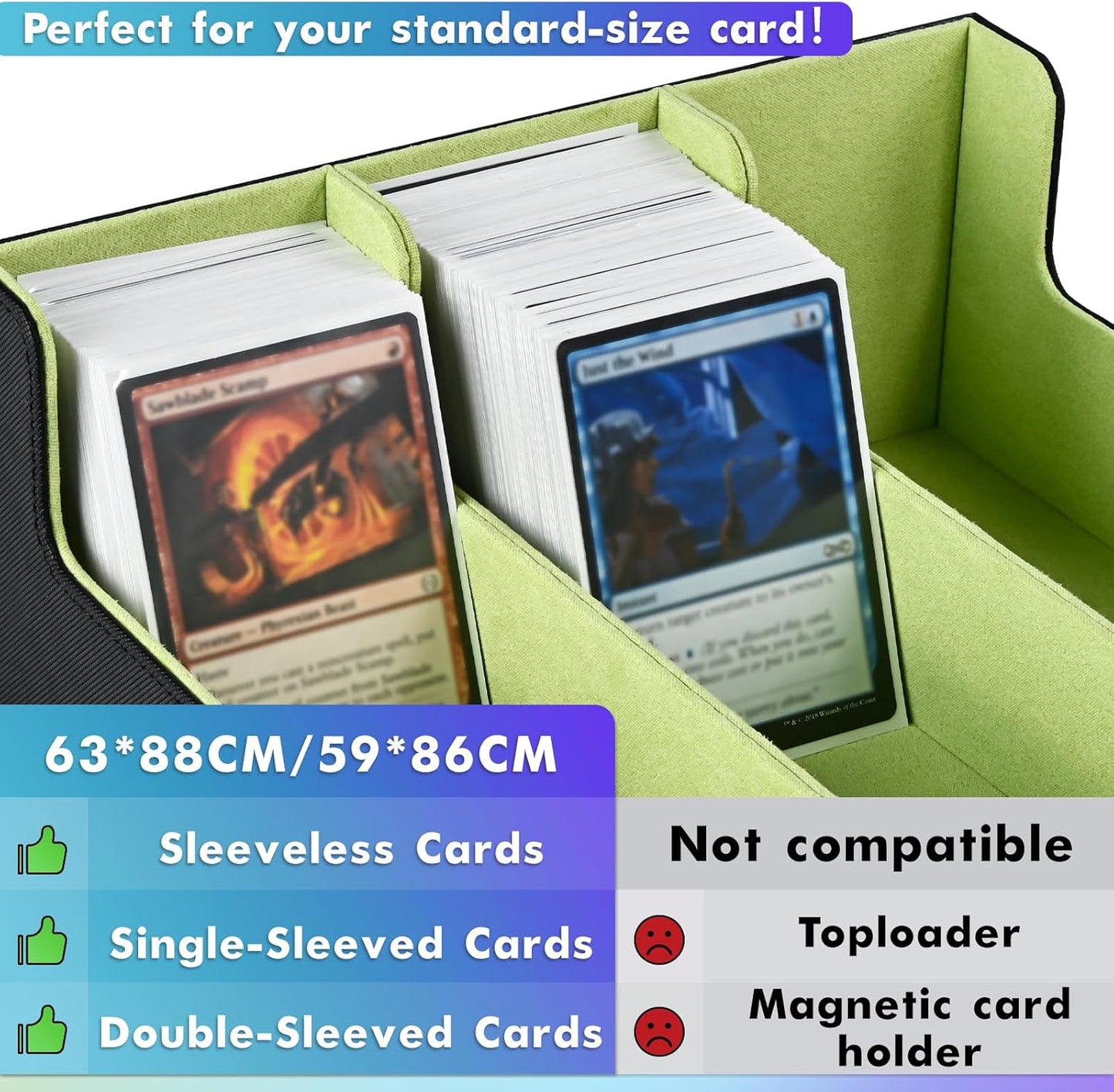 Karten-Aufbewahrungsbox für Sammelkarten, 1800+ PU-Leder, Commander-Kartendeck-Hülle, Magnetverschluss, Kartenhalter, passend für magische Spielkarten (Schwarz und Zitronengrün)