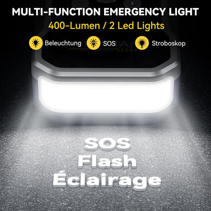 YUSMAN Auto Starthilfe Powerbank mit Kompressor, 5000A 150PSI Car Starthilfe Powerbank für pkw(Bis zu 10L Benzin/7L Diesel), 15800mAh 4-in-1 powerbank starthilfe mit 2 LED-Licht, Schnellladung,LCD