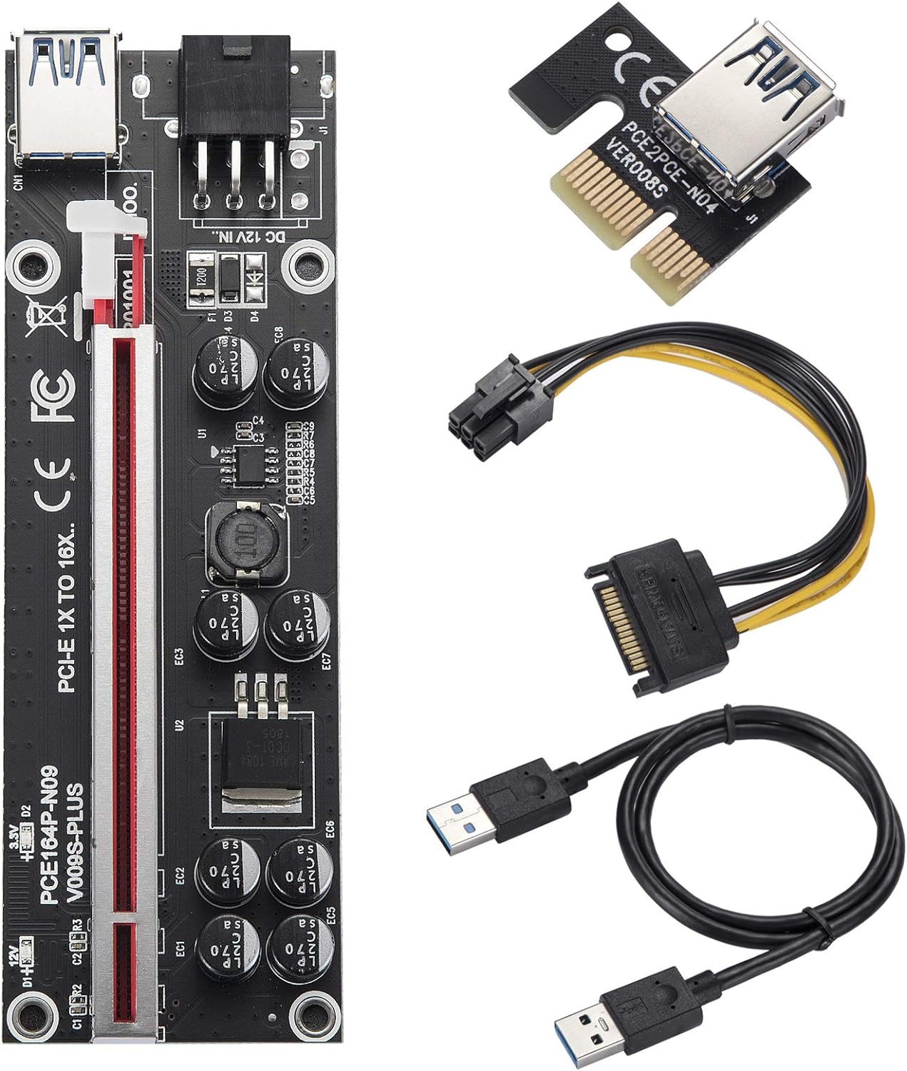 BEYIMEI PCI-E 1 x auf 16 x Riser-Karte, mit 60 cm langem USB-3.0-Verlängerungskabel und 6-poligem SATA-Stromkabel – GPU-Extender-Riser-Karte – für Bitcoin Ethereum Mining ETH (VER009S, 6 Stück)