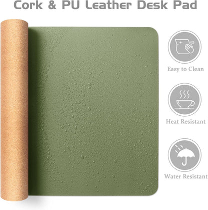 Aothia Kork-Schreibtischunterlage,beidseitige Schreibunterlage mit Naturkork & PU-Leder,Mausunterlage/Tischschutz,Leicht zu reinigen,wasserdicht für Büro/Haus/Deko(96x43cm，Oliv-grün)