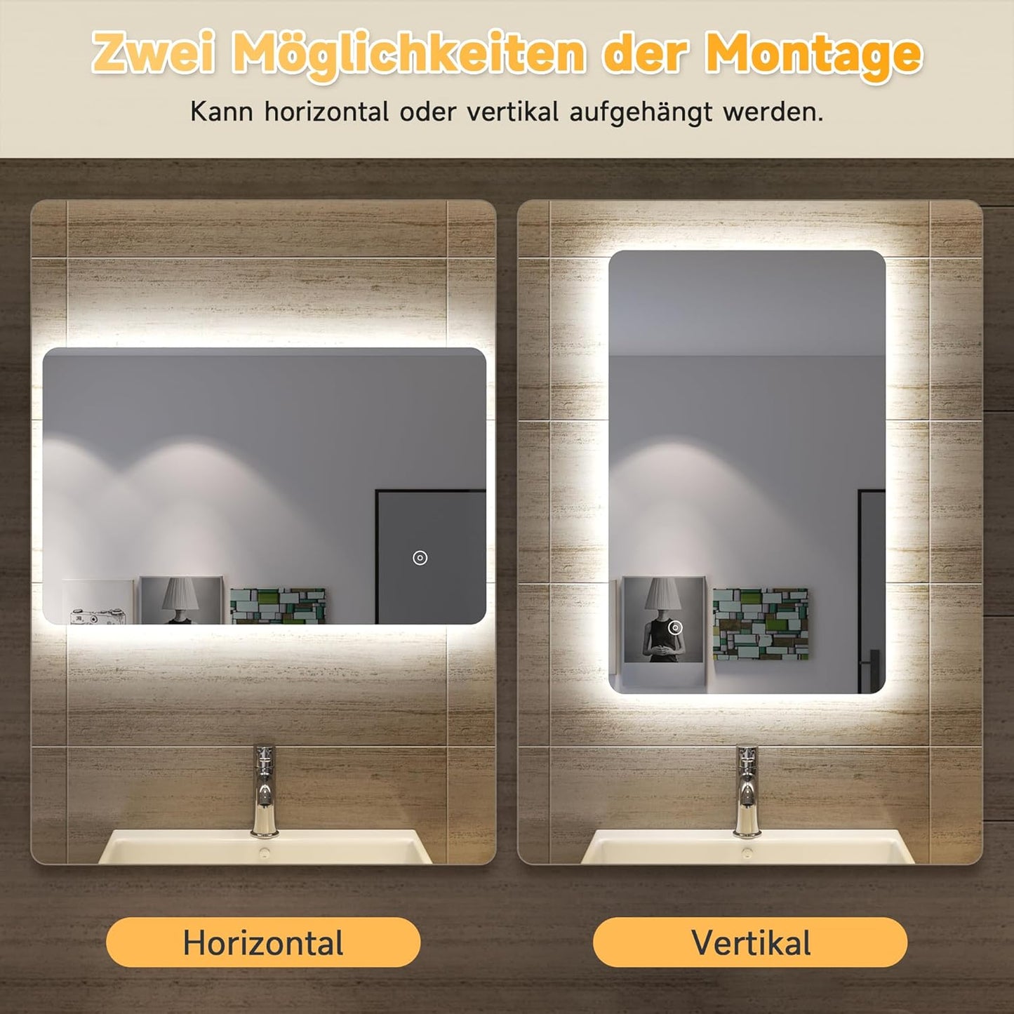 Miroir de salle de bain LED SONNI avec interrupteur tactile 80x50cm Blanc chaud IP44 Économie d'énergie
