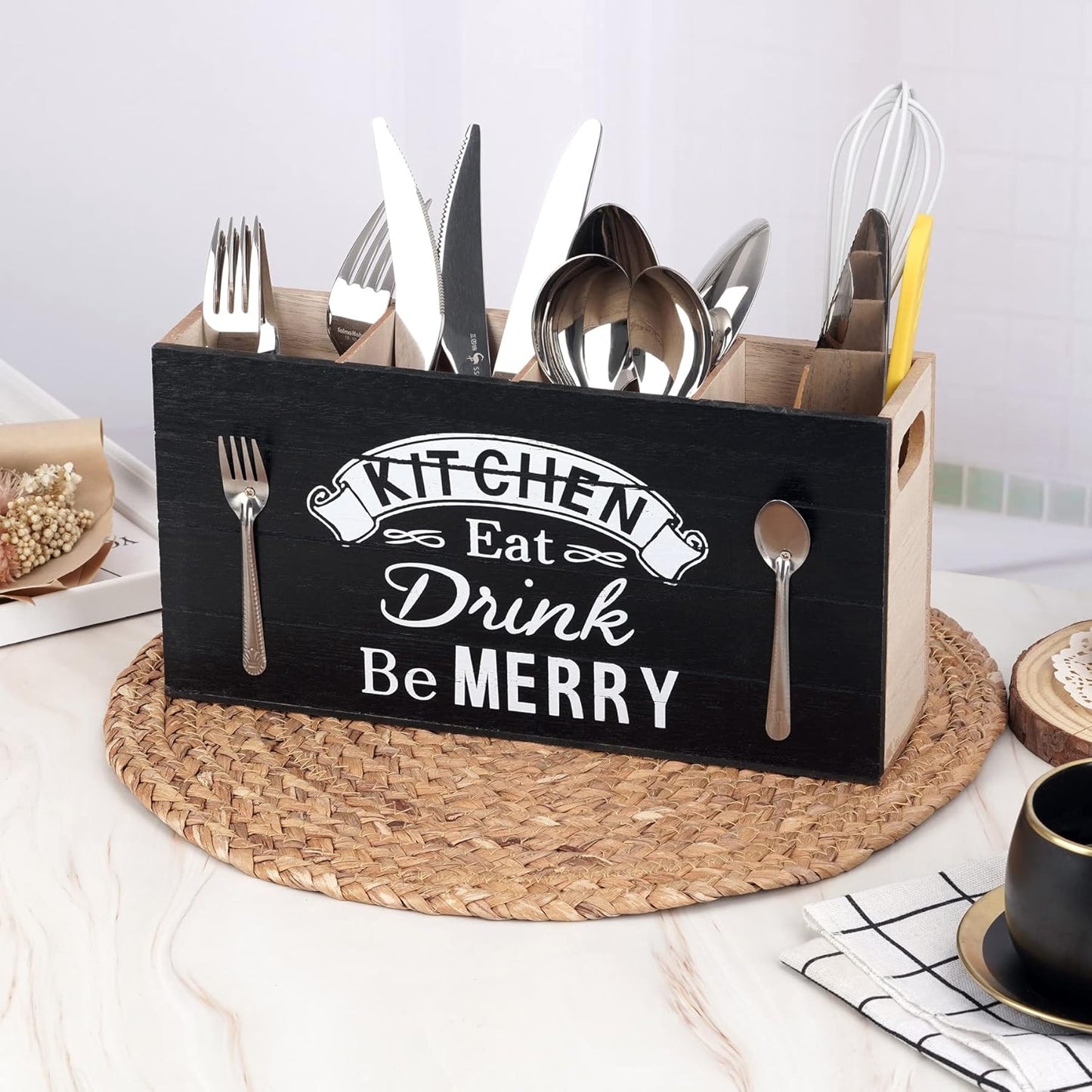 JAZUIHA Besteckkorb Tisch, 4 Fächer Holz Besteckhalter, Besteck Organizer Besteckbox Besteckkasten Utensilienhalter, Besteckstander für Workingplatte, Küchentisch, Schrank, Küche, Party, Schwarz
