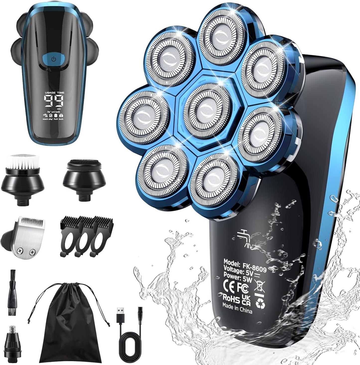 Head Shavers for Men, Upgrade 8D Rotating Electric Shavers for Bald Men Cordless Waterproof Wet & Dry USB Rechageable 99min Use Time LED Display Razor Bart for Home, Office, Travel Black