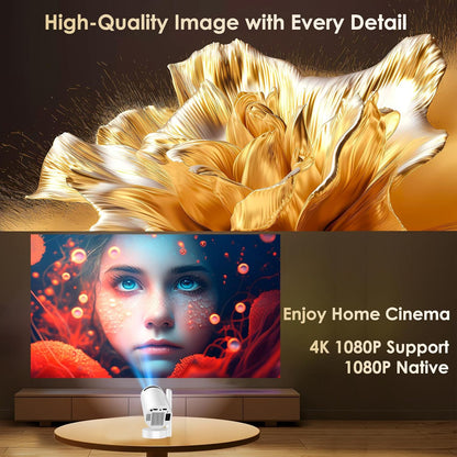 Mini Beamer Unterstützt FHD 4K 1080P, Projektor Tragbarer mit WiFi 6 und Bluetooth 5.4 Beamer Klein Kurzer Fokus 270° Drehen Auto Keystone Android 13.0 Kompatibel mit HDMI/TV Stick/Laptop/Memory Stick