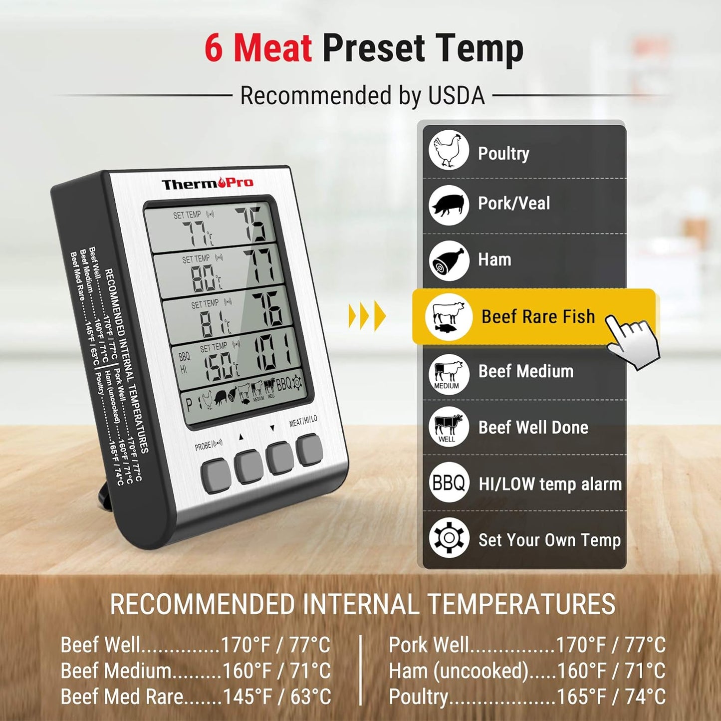 ThermoPro TP17H Digitales Grillthermometer Bratenthermometer Fleischthermometer Ofenthermometer mit 4 Edelstahlsonden, Blaue Hintergrundbeleuchtung, Temperaturbereich bis 300°C