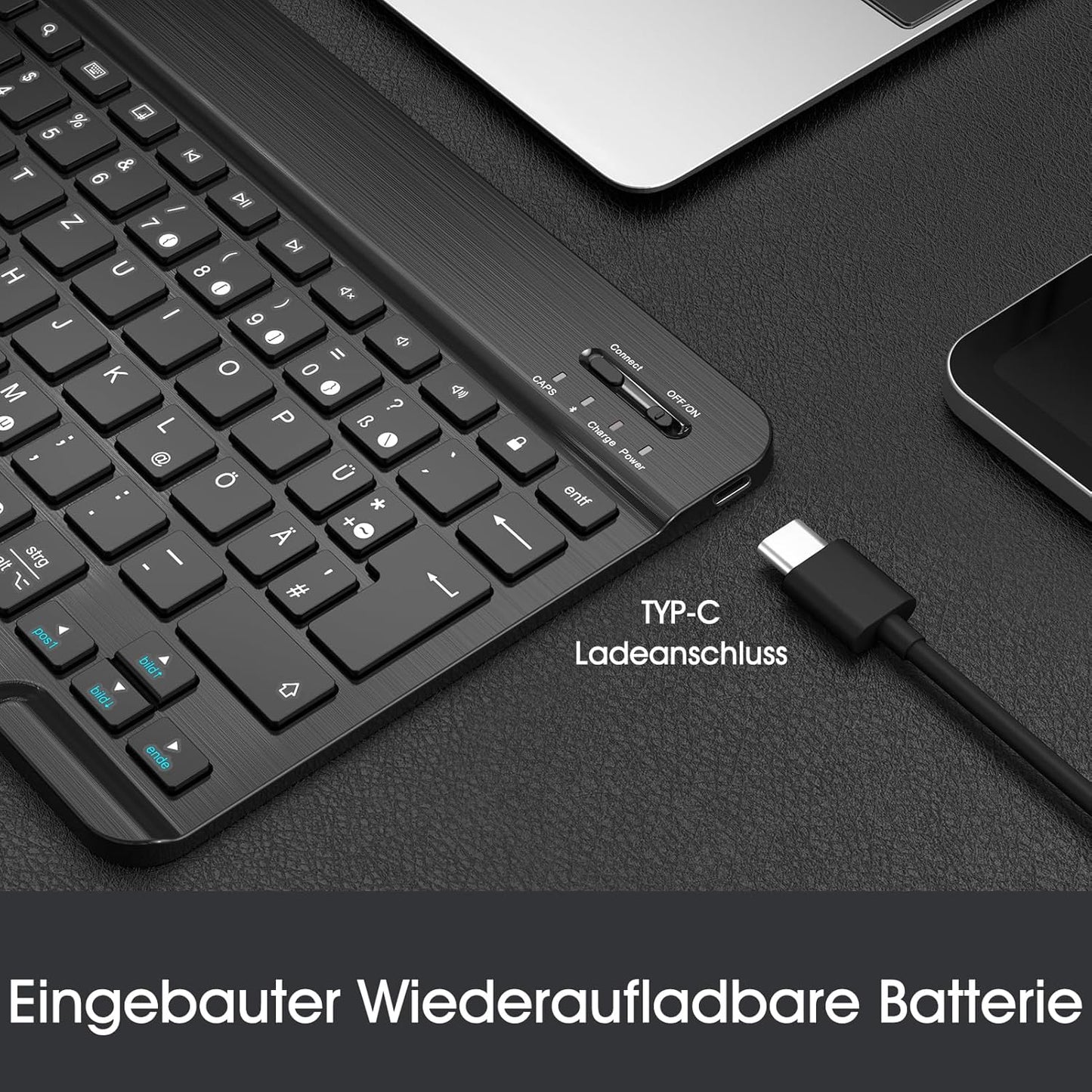 FINTIE Ultradünn Bluetooth Tastatur mit deutschem Layout QWERTZ für iPad Air/Pro/Mini/iPad 10.9/10.2/9.7/iPhone/Samsung/Android, Schwarz
