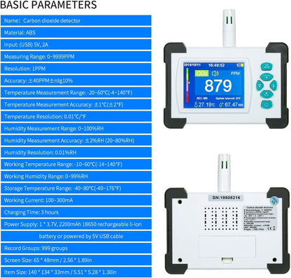 CO2-Messgerät für den Innenbereich, Kohlendioxid-Detektor-Tester, Luftqualitätsdetektor mit Aufbewahrungskoffer, CO2-Detektor, CO2-Sensor-Monitor SR-510A