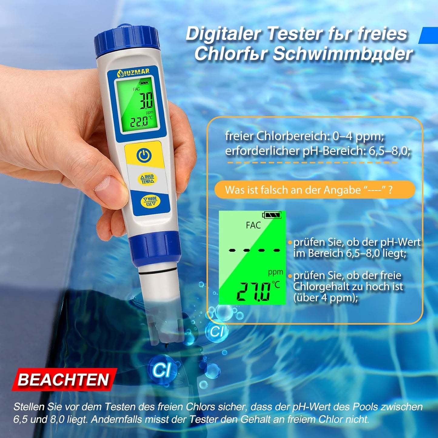UIUZMAR Digitales pH und Chlor Messgerät, Pool Wassertester für Whirlpool, pH und Salzgehalt Messgerat für Schwimmbäder, 7 in 1 pH Salz Chlor ORP EC TDS Temperatur Tester für Hydrokultur Aquarien