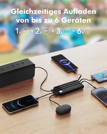 Charmast Power Bank, 22,5W Powerbank 20000mAh mit Kabel USB C und LED-Display, PD3.0 QC4.0 Externe Handyakkus mit 6 Ausgängen Kompatibel mit iPhone 16 15 14 13 12 11 Pro Max Plus Samsung Huawei Tablet