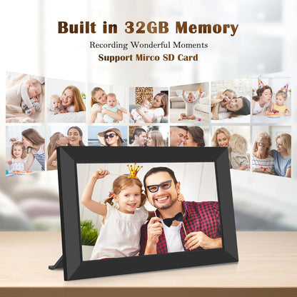 WONNIE Frameo WLAN Digitaler Bilderrahmen 10,1 Zoll, HD 1280 * 800 IPS Touchscreen Elektronischer FotoRahmen mit 32GB Speicher, Auto Drehung, Einfache Weitergabe von Fotos Videos über Frameo App