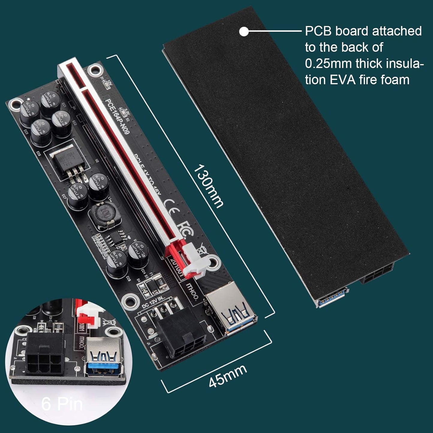 BEYIMEI PCI-E 1 x auf 16 x Riser-Karte, mit 60 cm langem USB-3.0-Verlängerungskabel und 6-poligem SATA-Stromkabel – GPU-Extender-Riser-Karte – für Bitcoin Ethereum Mining ETH (VER009S, 6 Stück)