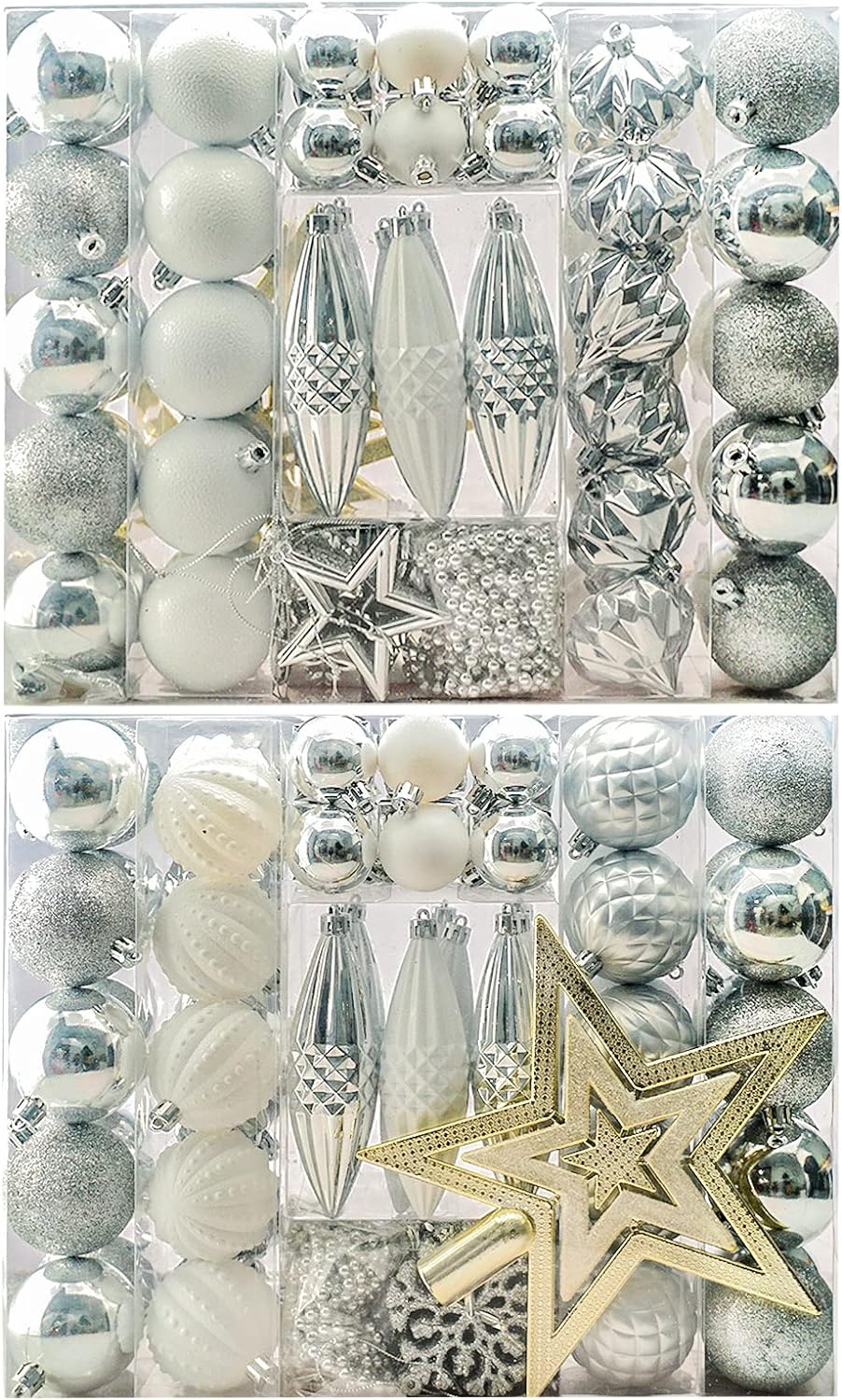 Amidian Weihnachtsschmuck, 100-teiliges Weihnachtskugel-Ornament-Set für Festivals, Partys, Aktivitäten im Innen- und Außenbereich (Silber + Weiß, 100)
