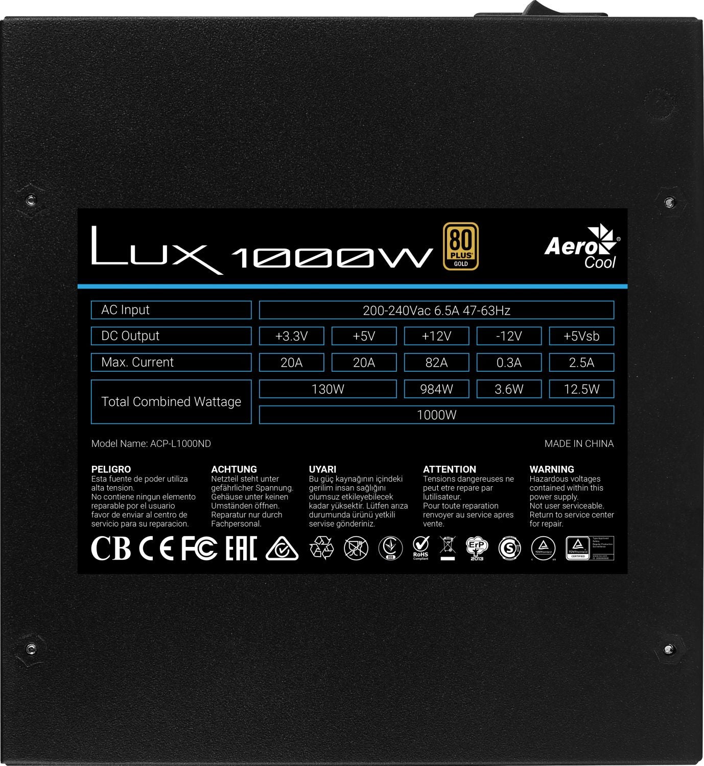 Aerocool LUX, 1000 W, 200 - 240 V, 47 - 63 Hz, 6.5 A, 130 W, 984 W