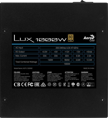 Aerocool LUX, 1000 W, 200 - 240 V, 47 - 63 Hz, 6.5 A, 130 W, 984 W