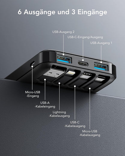 Charmast Power Bank, Slim 10000mAh Powerbank mit Kabel USB C und LED-Display, 6 Ausgängen Klein Aber Stark Externe Handyakkus Kompatibel mit iPhone 16 15 14 13 12 11 Pro Max Plus Huawei Samsung Tablet