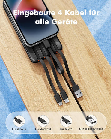 Charmast Power Bank, 22,5W Powerbank 20000mAh mit Kabel USB C und LED-Display, PD3.0 QC4.0 Externe Handyakkus mit 6 Ausgängen Kompatibel mit iPhone 16 15 14 13 12 11 Pro Max Plus Samsung Huawei Tablet