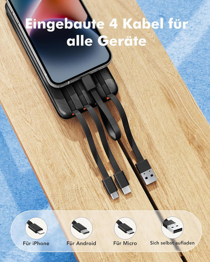 Charmast Power Bank, 22,5W Powerbank 20000mAh mit Kabel USB C und LED-Display, PD3.0 QC4.0 Externe Handyakkus mit 6 Ausgängen Kompatibel mit iPhone 16 15 14 13 12 11 Pro Max Plus Samsung Huawei Tablet