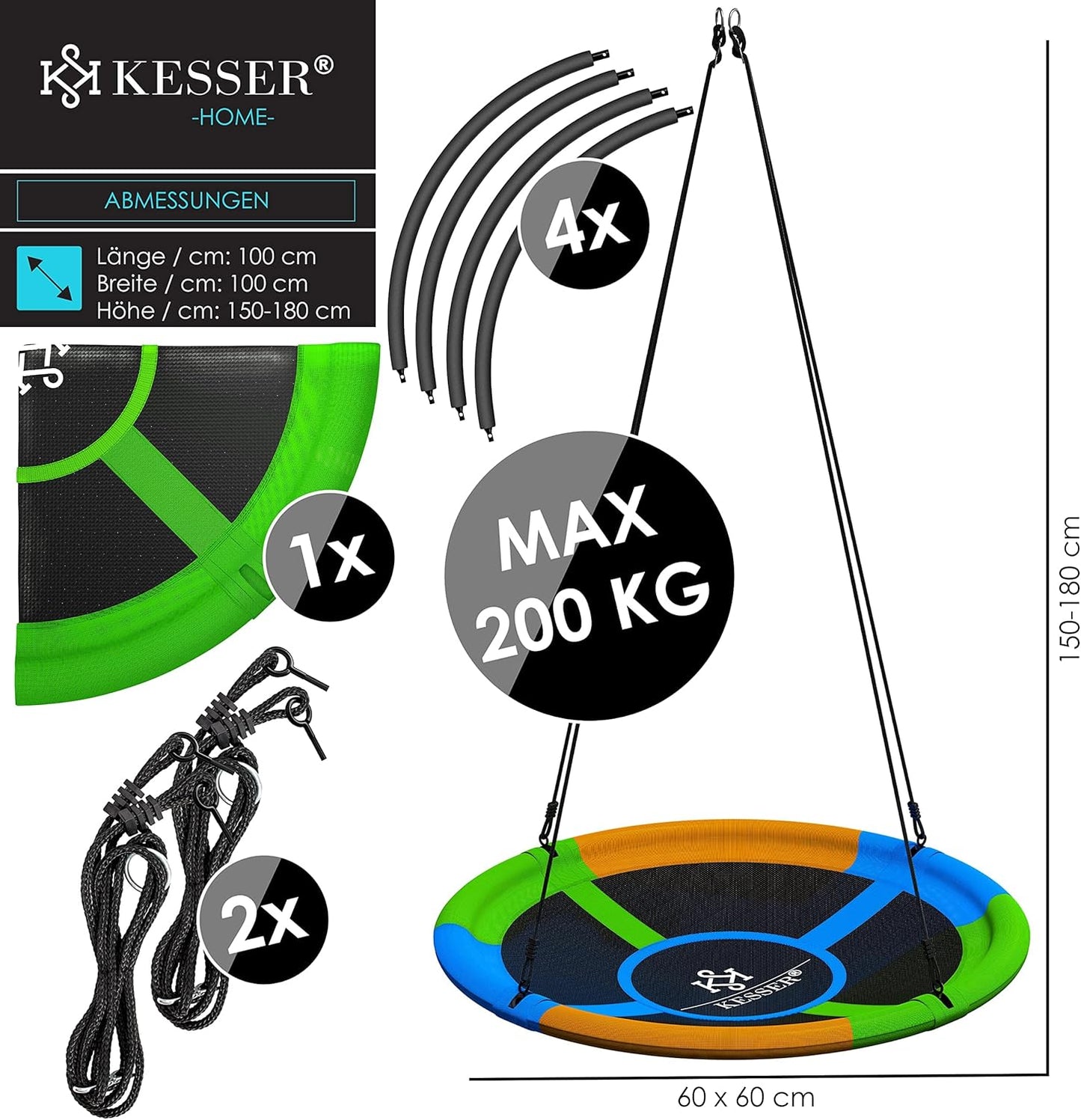 Interrupteur nid d'oiseau KESSER®, tout-terrain, réglable, diamètre 60 cm, capacité de charge jusqu'à 200 kg, pour dormir et les enfants, pour boire et conduire, plus grand