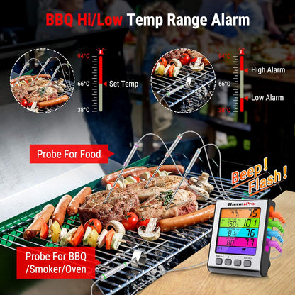 ThermoPro TP17H Digitales Grillthermometer Bratenthermometer Fleischthermometer Ofenthermometer mit 4 Edelstahlsonden, Blaue Hintergrundbeleuchtung, Temperaturbereich bis 300°C