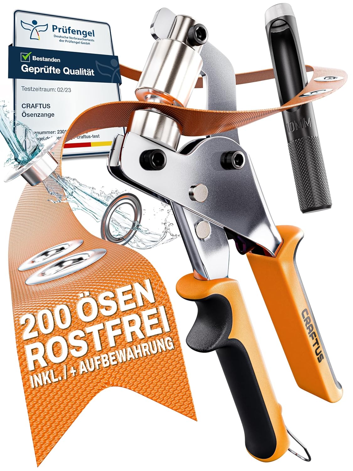 CRAFTUS® Profi Ösenzange Set mit 200 rostfreien Ösen (Ø 10mm) I Magnetische Ösenpresse aus gehärtetem Stahl für Stoffe & Planen I Ösenstanze für Planenösen & Metallösen