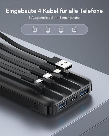 Charmast Power Bank, Slim 10000mAh Powerbank mit Kabel USB C und LED-Display, 6 Ausgängen Klein Aber Stark Externe Handyakkus Kompatibel mit iPhone 16 15 14 13 12 11 Pro Max Plus Huawei Samsung Tablet