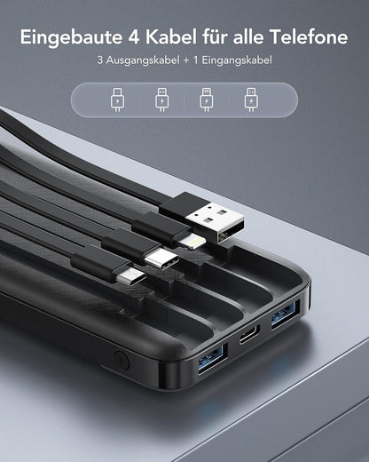 Charmast Power Bank, Slim 10000mAh Powerbank mit Kabel USB C und LED-Display, 6 Ausgängen Klein Aber Stark Externe Handyakkus Kompatibel mit iPhone 16 15 14 13 12 11 Pro Max Plus Huawei Samsung Tablet