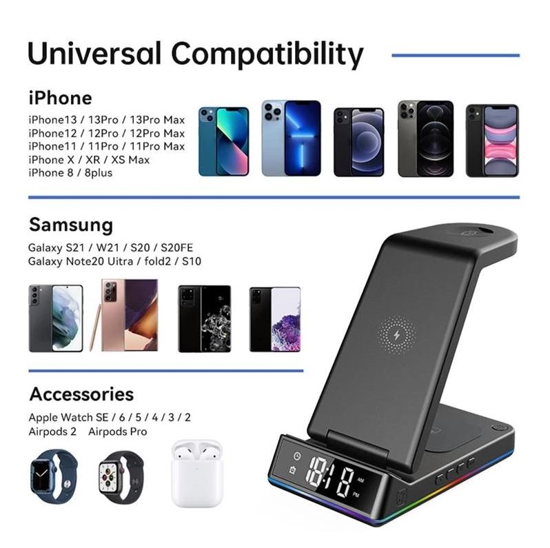 Z6 Foldable 5-in-1 15W Magnetic Wireless Charger with Flashy Atmosphere Light/Digital Clock Multi-Function Wireless Charging Stand
